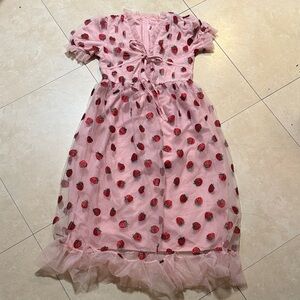 Strawberry Dress Women Short Sleeve V Neck Lace Up Bow Ruffles Mesh Long